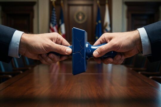 Zwei Anzugträger-Hände zerren an einem rissigen, blauen Objekt auf dunklem Holztisch, Sinnbild für die AfD interne Machtkämpfe.