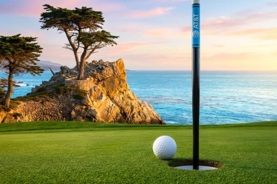Ein Golfball auf dem Pebble Beach Putting-Grün, Zentimeter vorm Loch, die Küste glänzt im Abendlicht. Erwartung der AT&T Pebble Beach Pro-Am Ergebnisse.