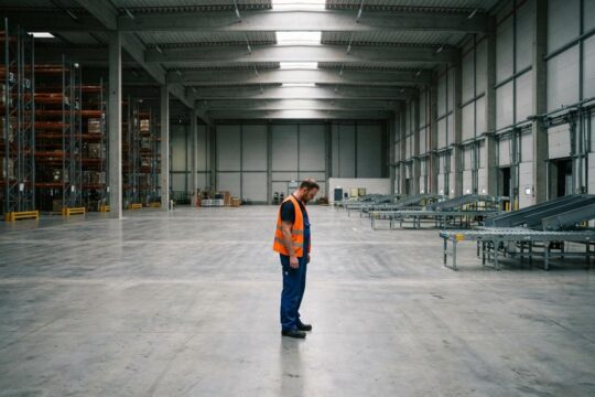 Eine nachdenkliche Person in Arbeitskleidung steht allein in einer leeren Industriehalle, die den Rückgang der Leiharbeit im Saarland und die Unsicherheit symbolisiert.