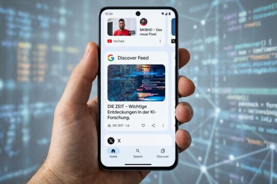 Ein Mensch hält ein Smartphone mit dem Google Discover Feed, der personalisierte Artikel für Publisher zeigt.