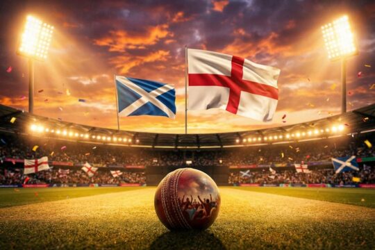 Abend im Cricket-Stadion. Ball auf Rasen spiegelt jubelnde Fans des England Schottland T20 WM. Dominante englische Flagge.