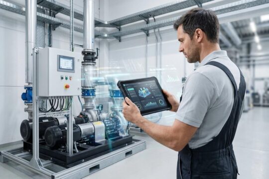 In einer modernen Produktionsanlage prüft ein Techniker eine Maschine am Tablet. Die Echtzeitdaten zeigen die Effizienz der digitalisierten Instandhaltung.