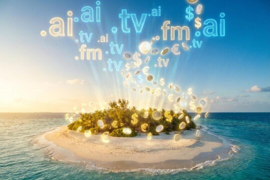 Eine idyllische Tropeninsel, von der .ai-Domains als leuchtende digitale Geldzeichen herabregnen. Ein starkes Symbol für Länderdomains als Einnahmequelle.