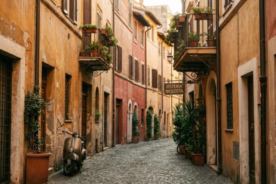 Rom abseits der Touristenpfade: Eine charmante Gasse bei Goldener Stunde mit Patinafassaden, Blumenbalkonen, Vespa und Trattoria-Schild.