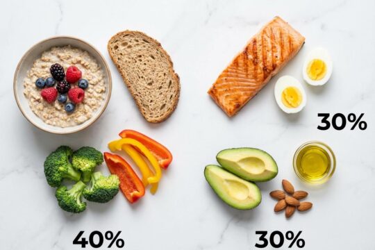 Mahlzeit auf Marmorplatte: Haferflocken, Gemüse, Lachs, Eier, Avocado und Mandeln veranschaulichen die Prinzipien der 40-30-30 Diät.