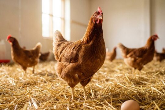 Junge, braune Legehenne im hellen Stall auf Stroh blickt neugierig. Ein frisches Ei symbolisiert den Neuanfang nach Vogelgrippe auf dem Hof.