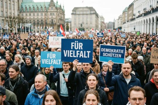 Tausende Menschen versammeln sich entschlossen bei einer Demonstration gegen Rechtsextremismus Hamburg. Auf der Innenstadtstraße halten sie Plakate für Vielfalt und Demokratie.