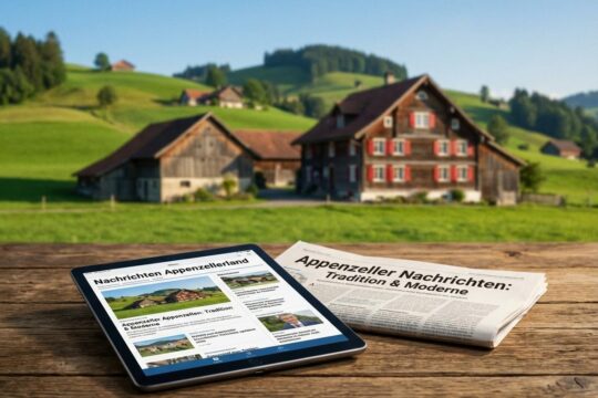 Moderne Nachrichten Appenzellerland auf einem Tablet vor traditionellen Appenzeller Bauernhäusern und grünen Hügeln unter blauem Himmel.