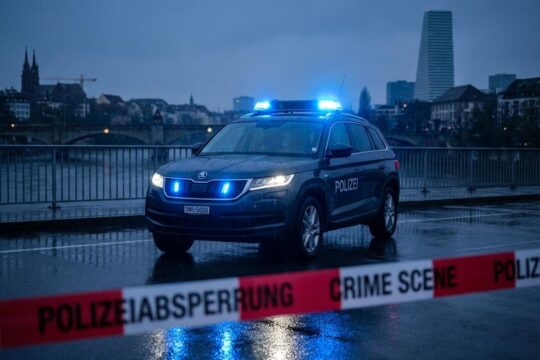 Dunkles Schweizer Polizeiauto mit Blaulicht auf nassem Asphalt. Im Vordergrund Absperrband, im Hintergrund die nächtliche Region Basel. Aktuelle Polizeimeldungen.