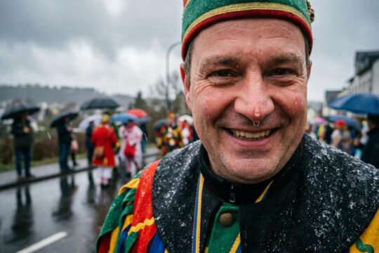 Ein fröhlicher Fastnachtsjeck in buntem Kostüm, das von Regenspritzern benetzt ist. Ein Tropfen glänzt auf seiner Nase, während er trotz des kühlen Wetters an Fastnacht in Rheinland-Pfalz strahlt. Im Hintergrund sind verschwommene Regenschirme zu sehen.