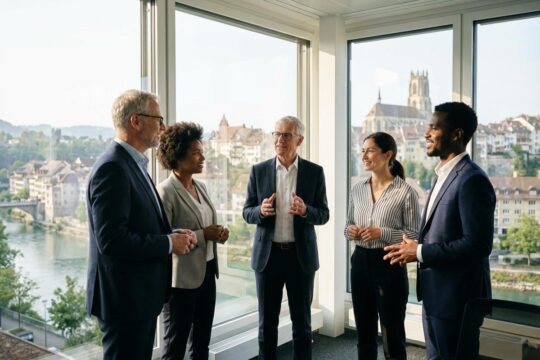 Engagierte Fachkräfte in modernem Freiburger Büro mit Altstadtblick, repräsentieren den vielfältigen Arbeitsmarkt Kanton Freiburg.