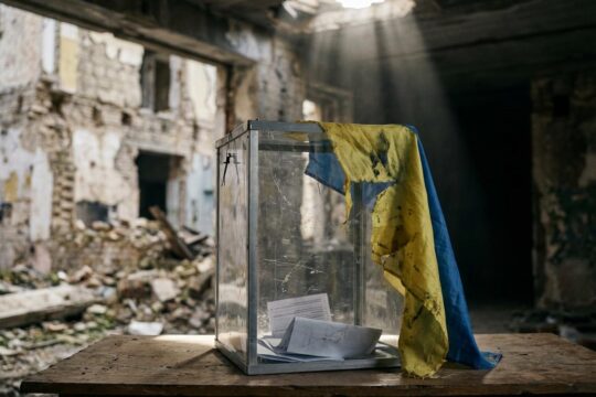 Wahlurne mit wenigen Stimmzetteln und zerfledderter Ukraine-Flagge vor Trümmern. Dies symbolisiert die herausfordernden Wahlen Ukraine.