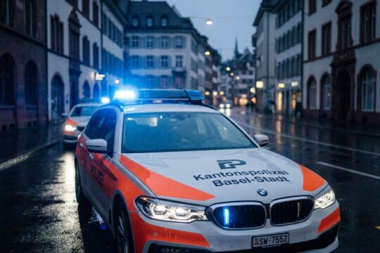 Blaulichter eines Schweizer Polizeiautos spiegeln sich dramatisch auf nassem Asphalt. Ein Bild, das die Dringlichkeit der Polizeimeldungen Region Basel einfängt.