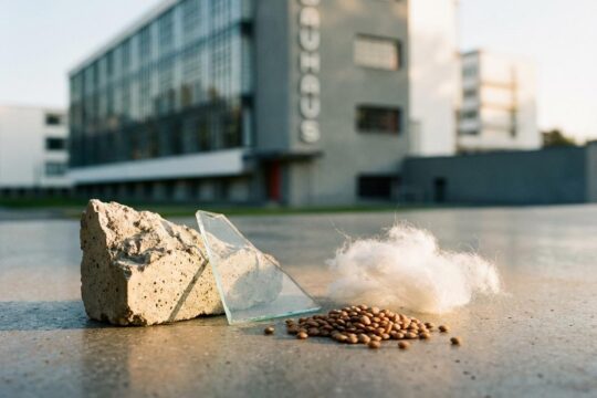 Stillleben aus rauen Betonstücken, Glassplittern und Linsen repräsentiert die Herkunft von Baustoffen der Ausstellung Bauhaus Dessau. Im Hintergrund das ikonische Gebäude.