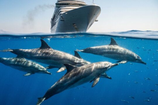 Majestätische Delfine gleiten durch sonnenbeschienenes Meerwasser, während im Hintergrund ein Schiff die Bedrohung darstellt. Ein Dokumentarfilm Meeresschutz thematisiert dies.