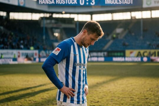 Ein Hansa Rostock Spieler steht enttäuscht mit gesenktem Kopf nach der bitteren 0:3 Niederlage von Hansa Rostock gegen Ingolstadt.