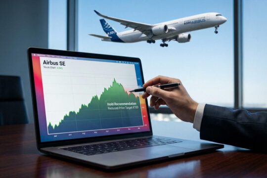 Ein Tablet zeigt die Airbus Aktie Analyse des Kursverlaufs mit Trendwechsel. Eine Hand deutet darauf, im Hintergrund fliegt ein A350.