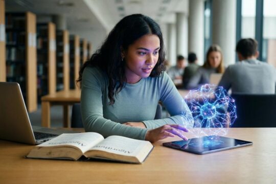Studentin in Bibliothek schaut von Informatik-Lehrbuch auf Tablet mit leuchtenden KI-Algorithmen. Sie wählt das KI-Studium statt Informatik.