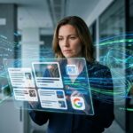 Ein Publisher studiert Google Discover für Publisher Strategien auf einem transparenten Bildschirm, um Chancen im dynamischen Informationsfluss zu erkennen.