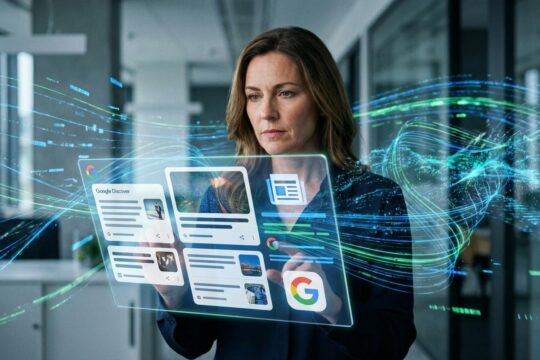 Ein Publisher studiert Google Discover für Publisher Strategien auf einem transparenten Bildschirm, um Chancen im dynamischen Informationsfluss zu erkennen.