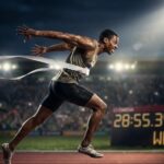Ein Leichtathlet durchbricht jubelnd die Ziellinie, eine Anzeigetafel zeigt eine Rekordzeit. Dies sind die beeindruckenden aktuelle Leichtathletik Ergebnisse.