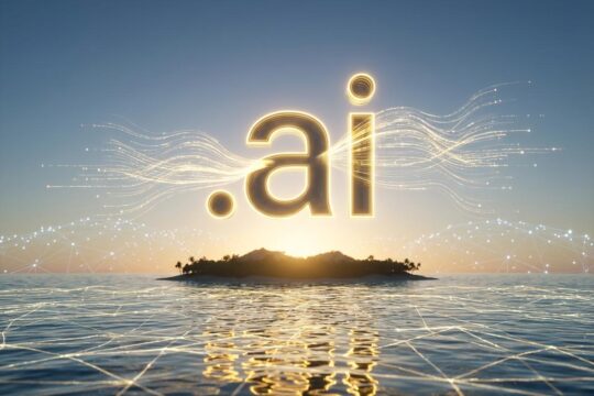 Ein gold leuchtendes .ai-Symbol umflossen von Datenströmen schwebt über einer tropischen Insel. Es symbolisiert den digitalen Wert der Länderkennung ai.