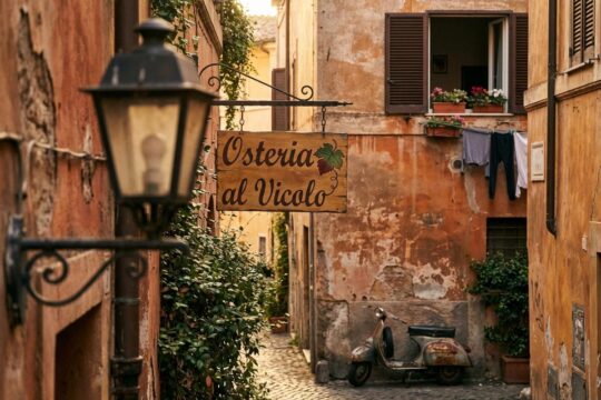 Schmale, gepflasterte Gasse Roms im warmen Abendlicht, mit Trattoria-Schild und alter Vespa. Entdecken Sie Rom abseits der Touristenpfade.