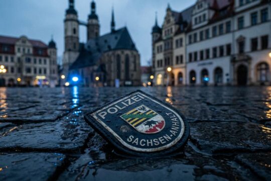 Ein abgenutztes Polizeiabzeichen auf nassem Pflaster, mit Halles Türmen im Hintergrund. Es steht für das Polizeiruf 110 Halle Aus.