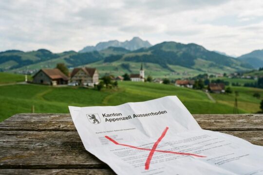 Zerknülltes AR-Dokument mit rotem X auf Holz vor idyllischer Appenzeller Landschaft. Veranschaulicht die Kritik an Kantonsvorlagen Appenzell Ausserrhoden.