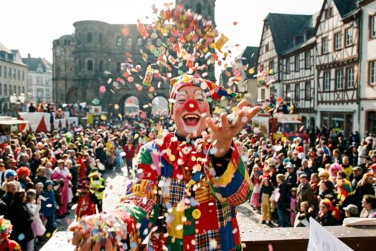 Ein fröhlicher Clown mit roter Nase wirft beim Rosenmontag Region Trier dynamisch Konfetti. Bunte Festzugteilnehmer und historische Trierer Architektur sind im Hintergrund.