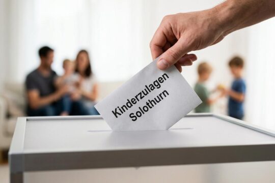 Hand legt Stimmzettel mit „Kinderzulagen Solothurn“ in eine Urne. Im Hintergrund Familie. Die Abstimmung Kinderzulagen Solothurn ist entscheidend.
