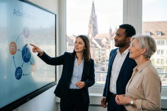Drei Personen erhalten professionelle Beratung am Bildschirm zu Jobchancen und dem Arbeitsmarkt Kanton Freiburg. Im Hintergrund ist Freiburg sichtbar.