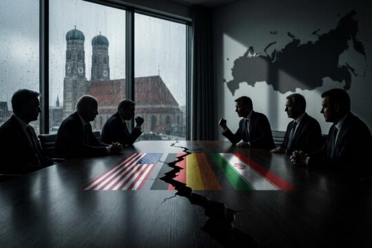 Münchner Sicherheitskonferenz: Angespannte Staatsmänner am Holztisch mit Flaggen (USA, DE, Iran) und Riss. Russlands Schatten im Hintergrund.