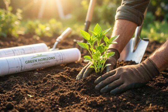 Sorgfältige Hände pflanzen einen Setzling in dunkle Erde. Mit den richtigen Werkzeugen können Sie Ihren Landschaftsbau gründen und wachsen lassen.