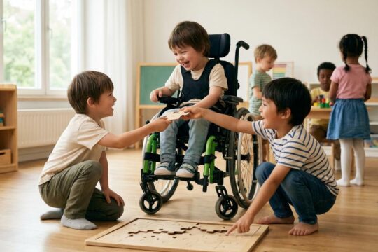 Lachendes Kind im Rollstuhl puzzelt gemeinsam mit Freunden in der Kita, umgeben von spielenden Kindern. So gelingt Inklusion in der Kita.