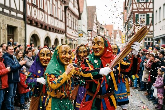 Ausgelassene Narren in farbenfrohen Häs und Holzmasken bei den Rosenmontag Umzügen in Baden-Württemberg. Konfetti fliegt über jubelnde Zuschauer.