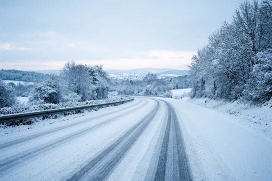 Hessens leere Autobahn mit frischem Schnee und Reifenspuren, nach dem Wintereinbruch. Verschneite Bäume säumen die winterliche Landschaft.