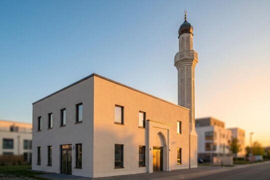Die neue Moschee Erfurt, ein schlichtes Gebäude mit Zierminarett, strahlt im warmen Licht der goldenen Stunde. Friedlich in die urbane Kulisse integriert.