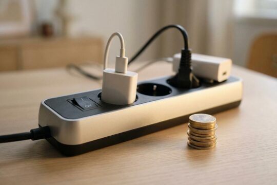 Moderne Mehrfachsteckdose mit ausgeschaltetem Schalter, daneben Euromünzen. So gelingt Strom sparen im Haushalt und die Senkung der Kosten.