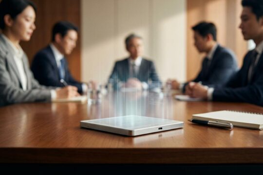 Ein schlankes KI Notizgerät für Meetings auf einem glänzenden Konferenztisch erfasst Gespräche. Im Hintergrund konzentrieren sich Personen, daneben liegen Stift und Notizbuch, ungenutzt.