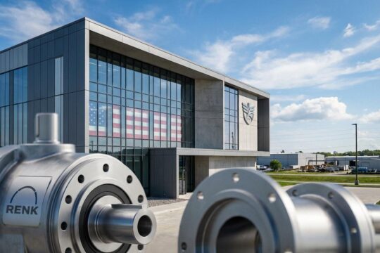 Moderne Fassade einer RENK Produktionsstätte in den USA, mit präzisem Getriebesystem im Vordergrund. Zeigt die RENK Investition USA und technologisches Wachstum.