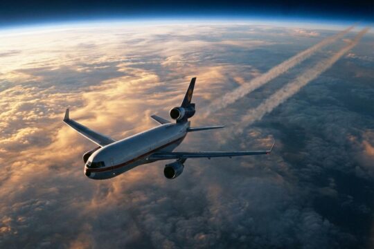 Eine MD-11 Frachtmaschine gleitet im warmen Dämmerlicht über Wolken. Der lange Kondensstreifen verdeutlicht die beeindruckende MD-11 Reichweite und Flugdauer bei dieser transkontinentalen Reise.