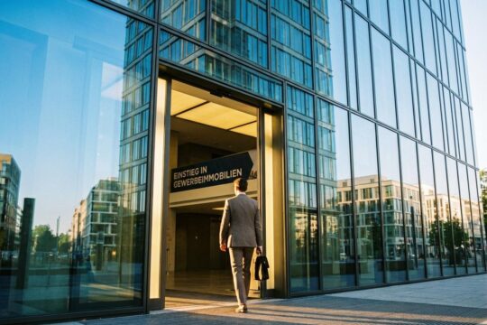 Eine geschäftlich gekleidete Person macht den ersten Schritt in ein imposantes Gewerbegebäude, symbolisierend den Einstieg in Gewerbeimmobilien.