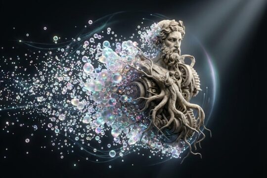 Ein detailliertes 3D-Objekt, das mit 3D Gaussian Splatting erstellt wurde, erwächst futuristisch aus einer irisierenden Wolke leuchtender Splats.