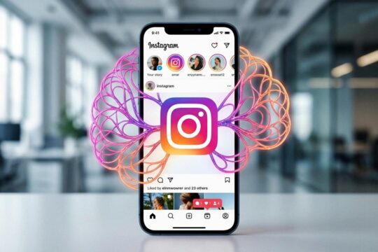 Smartphone zeigt Instagram-App, umgeben von leuchtenden neuronalen Netzen. Visualisiert Instagram KI Features für Personalisierung und Kontrolle.
