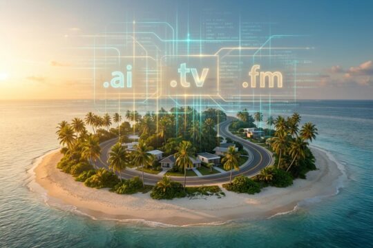 Leuchtendes digitales Netzwerk mit TLDs wie .ai schwebt über einer tropischen Insel. Es visualisiert Länder-Domains als Einnahmequelle und ihren Nutzen.