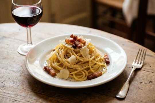 Meisterhaft angerichtete römische Carbonara mit Rotwein und Gabel auf Holztisch – ein Genuss für den Rom Reiseführer für Fortgeschrittene.