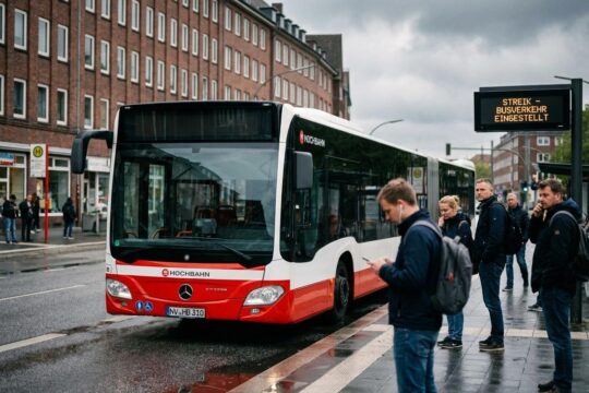 Ein moderner Hochbahn-Bus steht verlassen in Hamburg. Frustrierte Pendler warten vergeblich, der Busstreik Hamburg führt zu Stillstand.