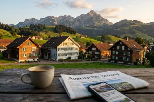 Malerische Appenzeller Dorflandschaft bei Sonnenuntergang. Im Vordergrund laden Kaffee, Zeitung und ein Smartphone zum Lesen der Nachrichten Appenzellerland ein.