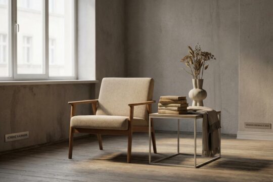 Eine Installation mit einem ostdeutschen Sessel und Alltagsgegenständen, die Henrike Naumanns Erbe und ihre Auseinandersetzung mit deutscher Geschichte zeigen.